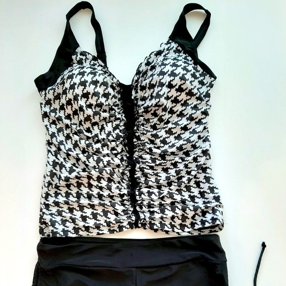 Womens Swimsuit Black White Houndstooth Plaid Tankini Swimwear Bathing Suit Sz L - Picture 3 of 6